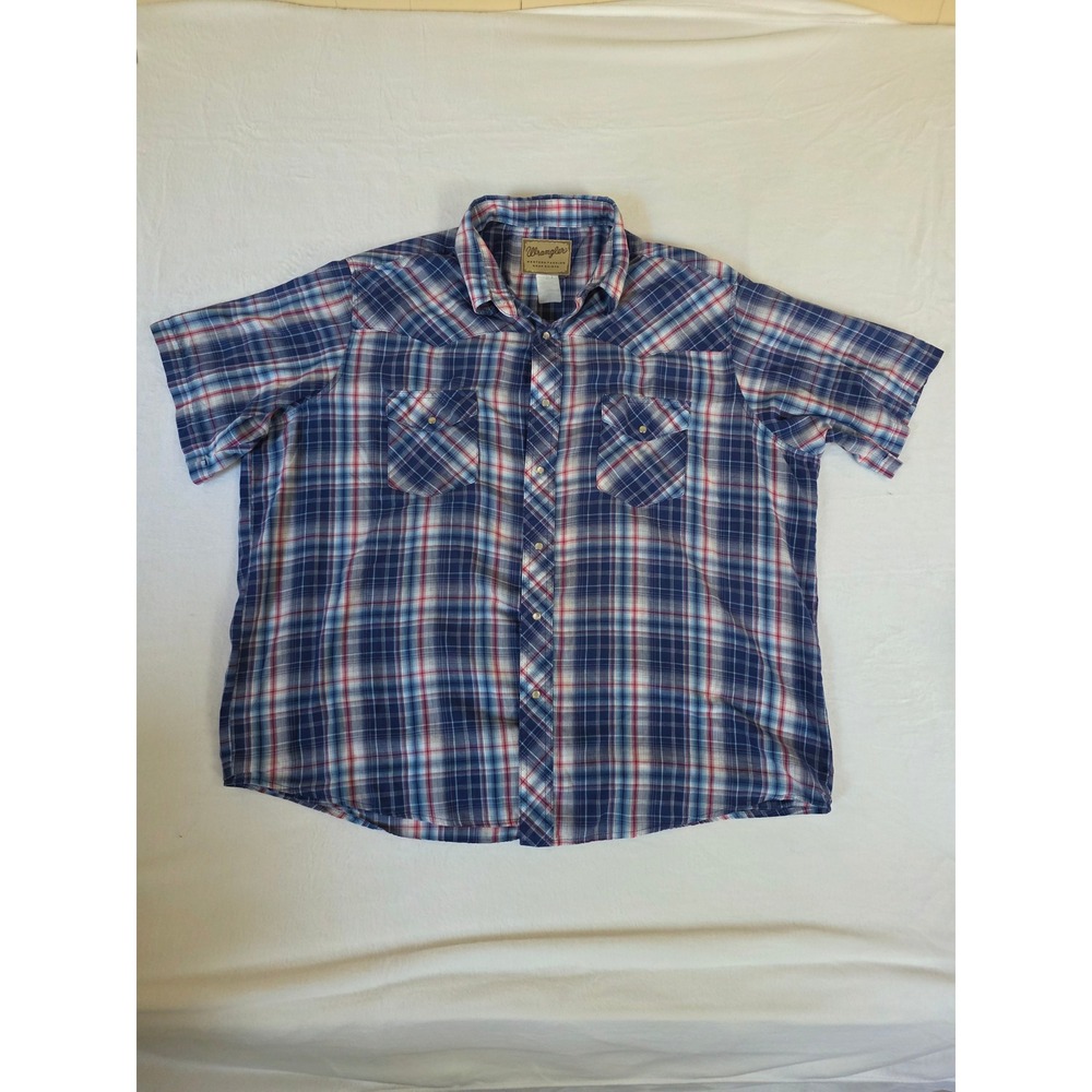 Wrangler Western Fashion Pearl Snap Shirt‎ Plaid Short Sleeve XL Blue Red Cowboy